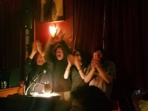 The editorial board: George Wallace, David Lawton, Jane Omerod, and Thomas Fulcalora at the Great Weather for Media reading 14 November 2018 kgbbar.com Photo by Anne Weisgerber.