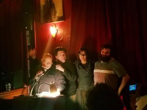 The editorial board: George Wallace, David Lawton, Jane Omerod, and Thomas Fulcalora at the Great Weather for Media reading 14 November 2018 kgbbar.com Photo by Anne Weisgerber.jpg