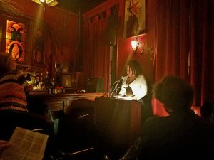 Stephanie Roberts at the Great Weather for Media reading 14 November 2018 kgbbar.com Photo by Anne Weisgerber.