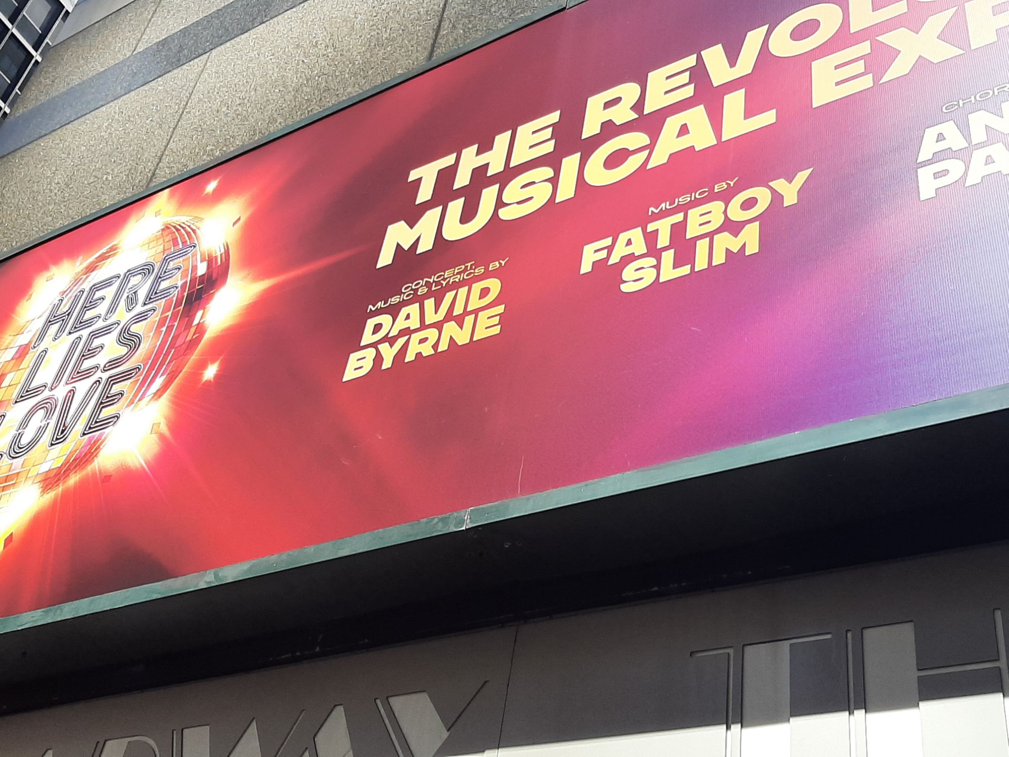 Photo Credit: (c) 2023 A.E. Weisgerber. New York City 9/2/2023 Here Lies Love, directed by David Byrne and Music by Fatboy Slim. Marquee view.