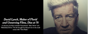 Splash page for David Lynch obituary in the New York Times, January 2025